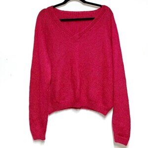 New Luxurious Handknit Alpaca V Neck Cranberry Color Sweater Womens Sz L XL